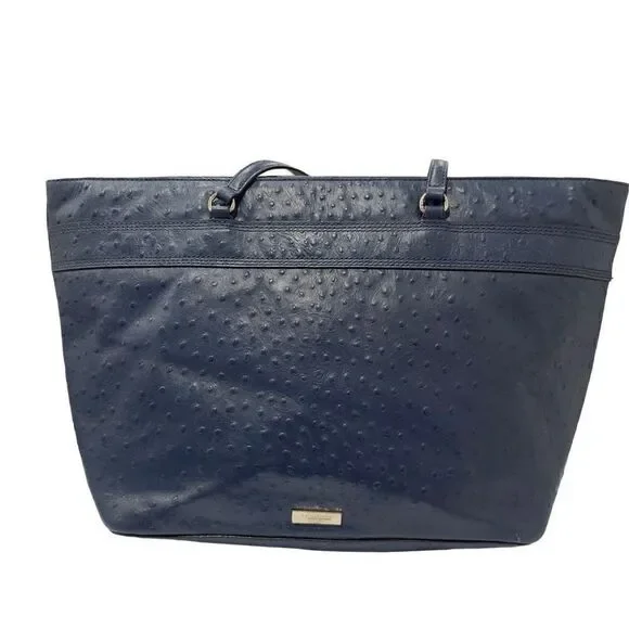KATE SPADE Navy Blue Large Ostrich Embossed Leather Tote Bag Purse EUC
